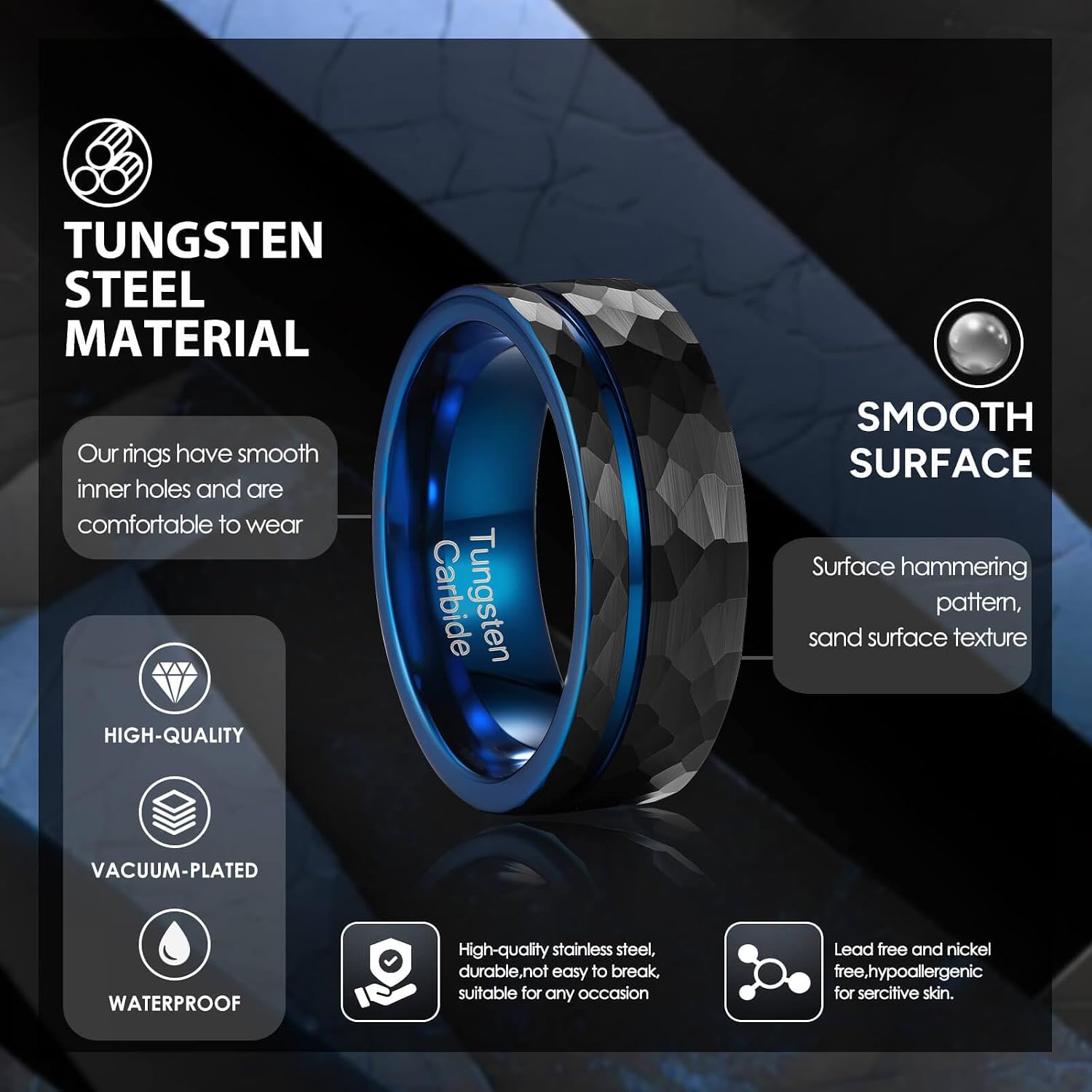 Men's Tungsten Wedding Ring - 8mm Tungsten Ring, Comfortable Fit, Center Groove, Fashionable Gold Blue Black, Suitable for Grooms