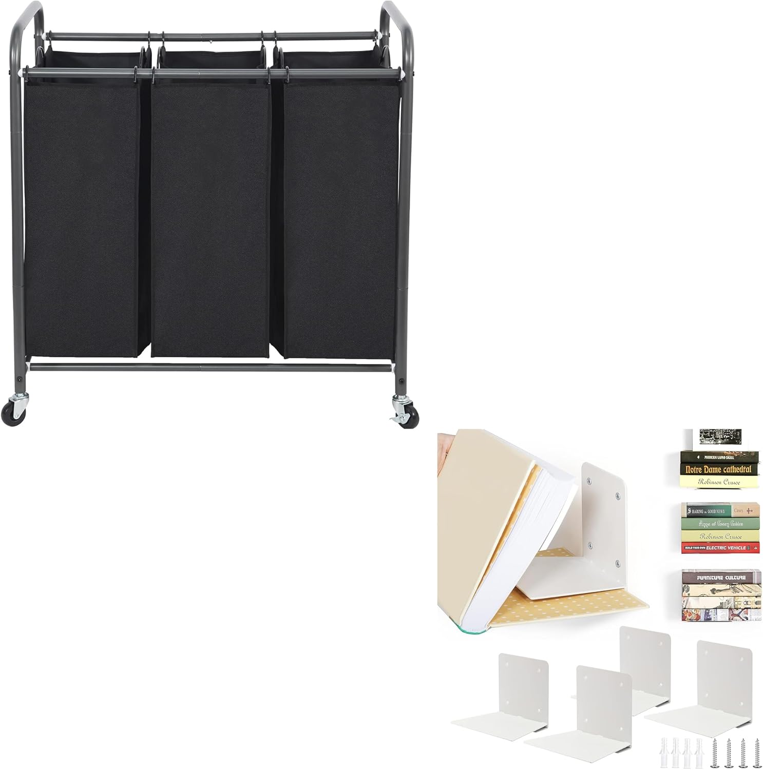 STO STO 3 Section Laundry Sorter and 4-Pack Floating Bookshelves
