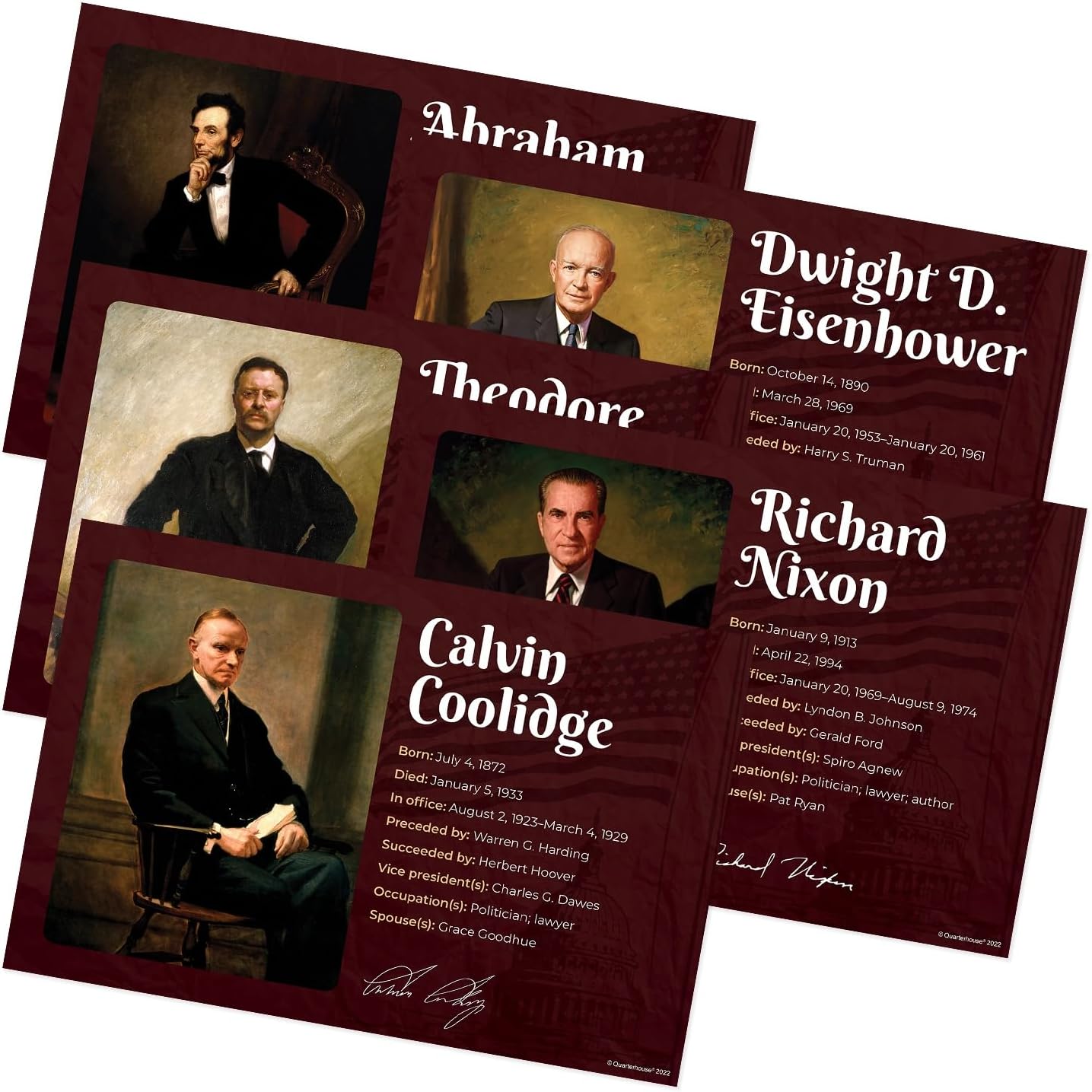 Quarterhouse 5 Poster Famous Republican Presidents Set, Social Studies Classroom Learning Materials for K-12 Students and Teachers, 12 x 18 Inches, Made in USA