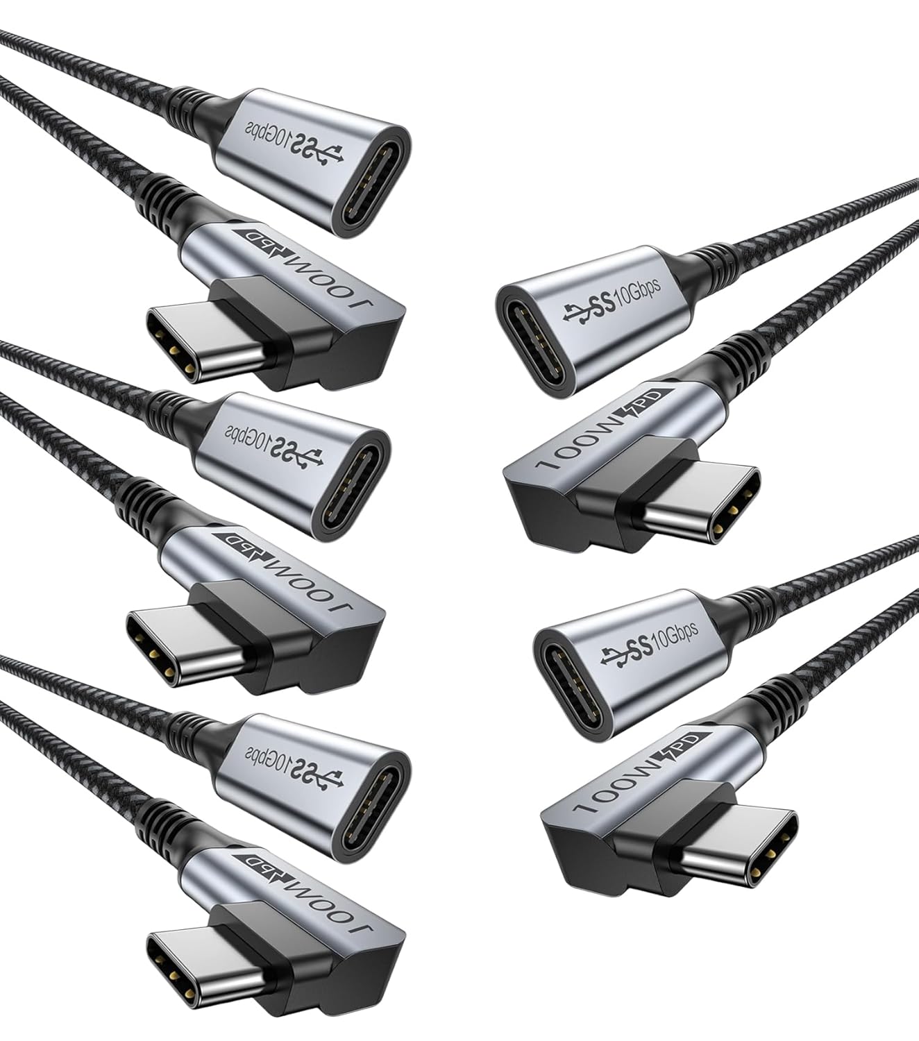 USB C Extension Cable 5-Pack, 6FT USB C Extender Cable, USBC 100W Chargin Right Angle, 10Gbps Data Faster USB 3.2 Gen 2 Male to Female Cable with 4K Video for Laptop, Tablet and Phone