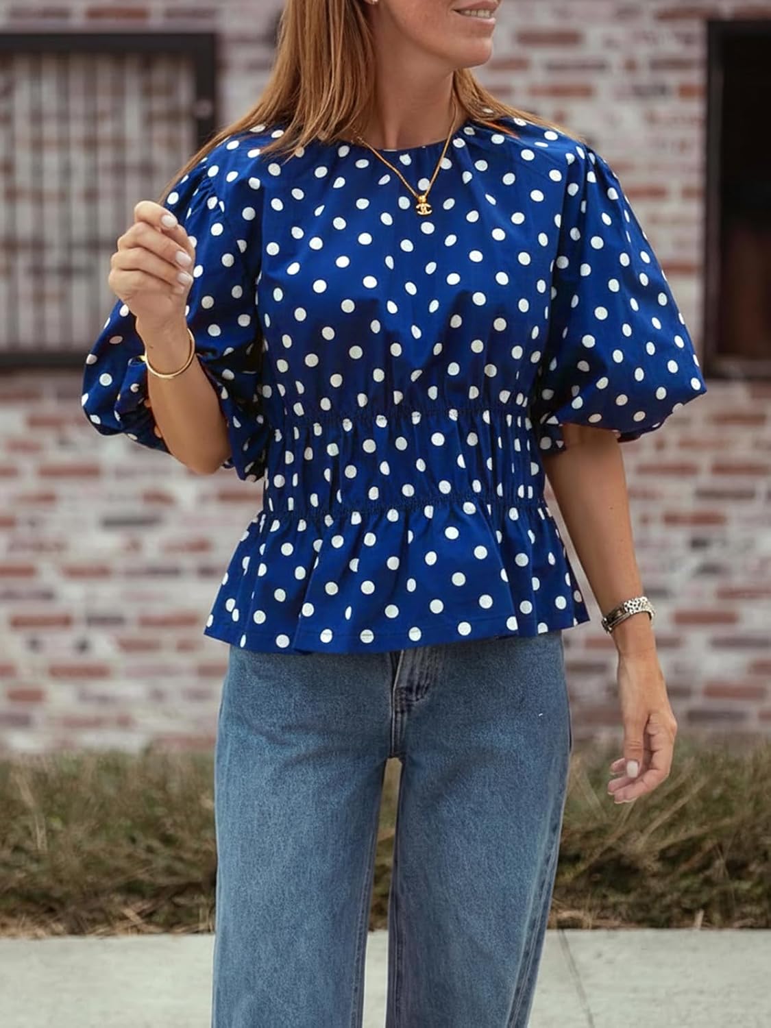 Cicy Bell Womens Polka Dots Peplum Tops Summer Puff Short Sleeve Round Neck Blouses Trendy Casual Shirts - Image 2