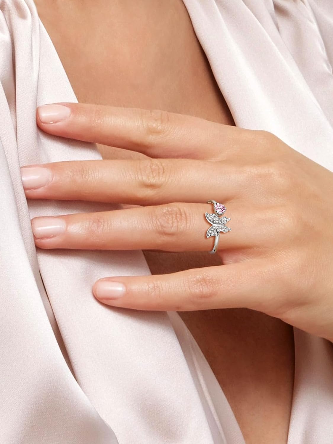 SILVERCUTE Butterfly Rings for Women - 925 Sterling Silver Birthstone Ring Women Jan-Dec Adjustable Ring with Cubic Zirconia Cute Butterfly Jewelry