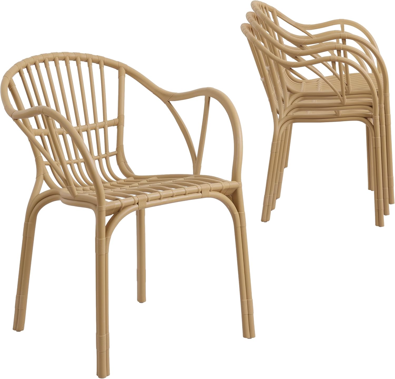 Plastic Rattan Outdoor Patio Chairs Set of 4, UV-Protected Stackable Dining Chairs with Armrest for Outdoor&Indoor Balcony Bistro Backyard Garden Poolside Kitchen, No Assembly, Beige