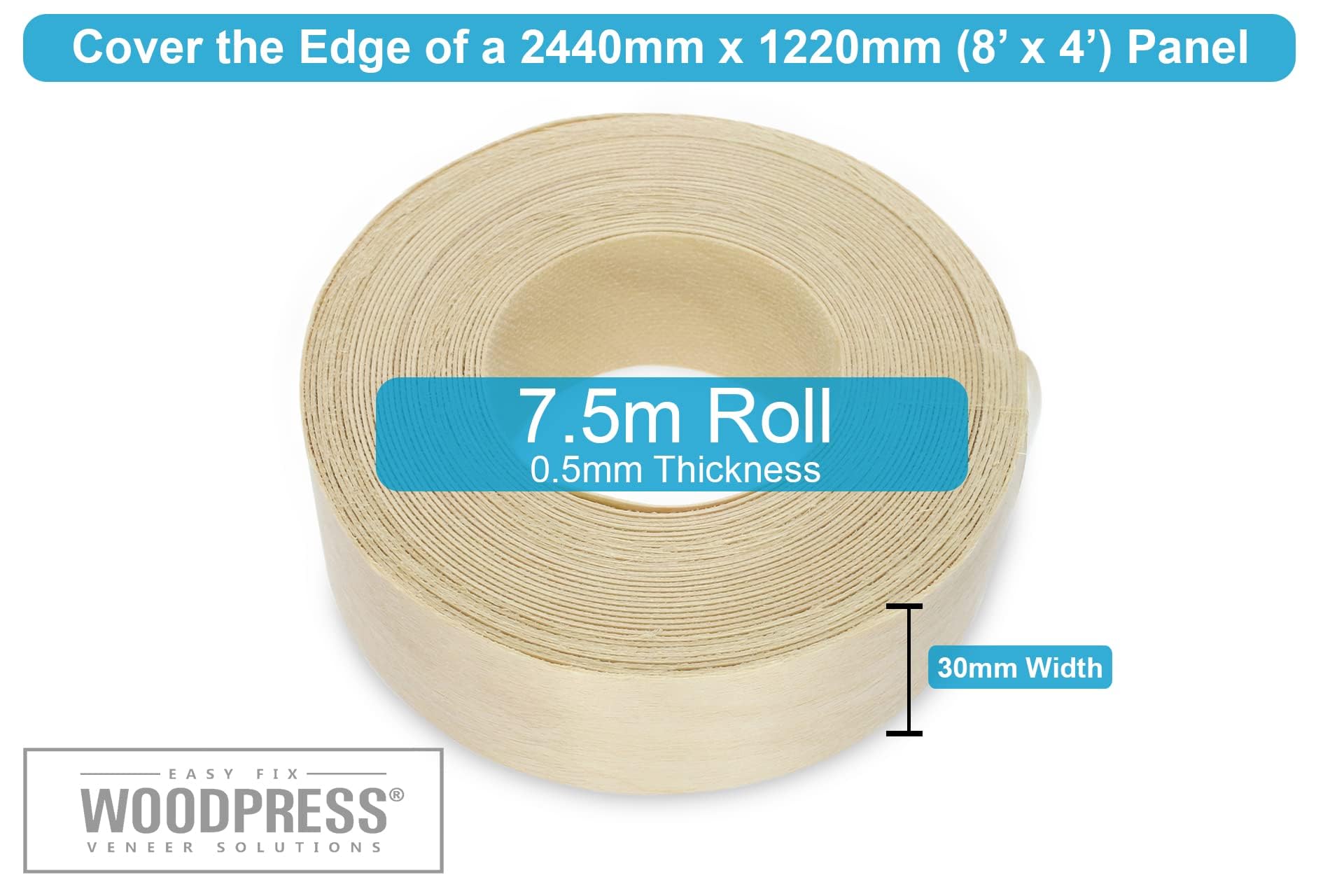 Borde termoadhesivo de abedul real de 30 mm, rollo de 7,5 m, cinta de chapa de madera prepegada para una fácil aplicación de bricolaje, cubrirá el borde de un panel de MDF estándar