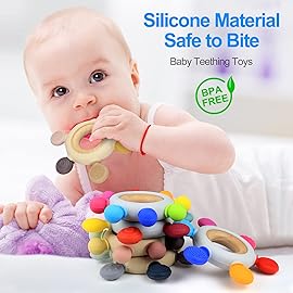 Arudyo Baby Teething Toys Silicone Teethers BPA Free Silicone Rudder with Wooden Ring Soothe Babies Gums (Khaki)
