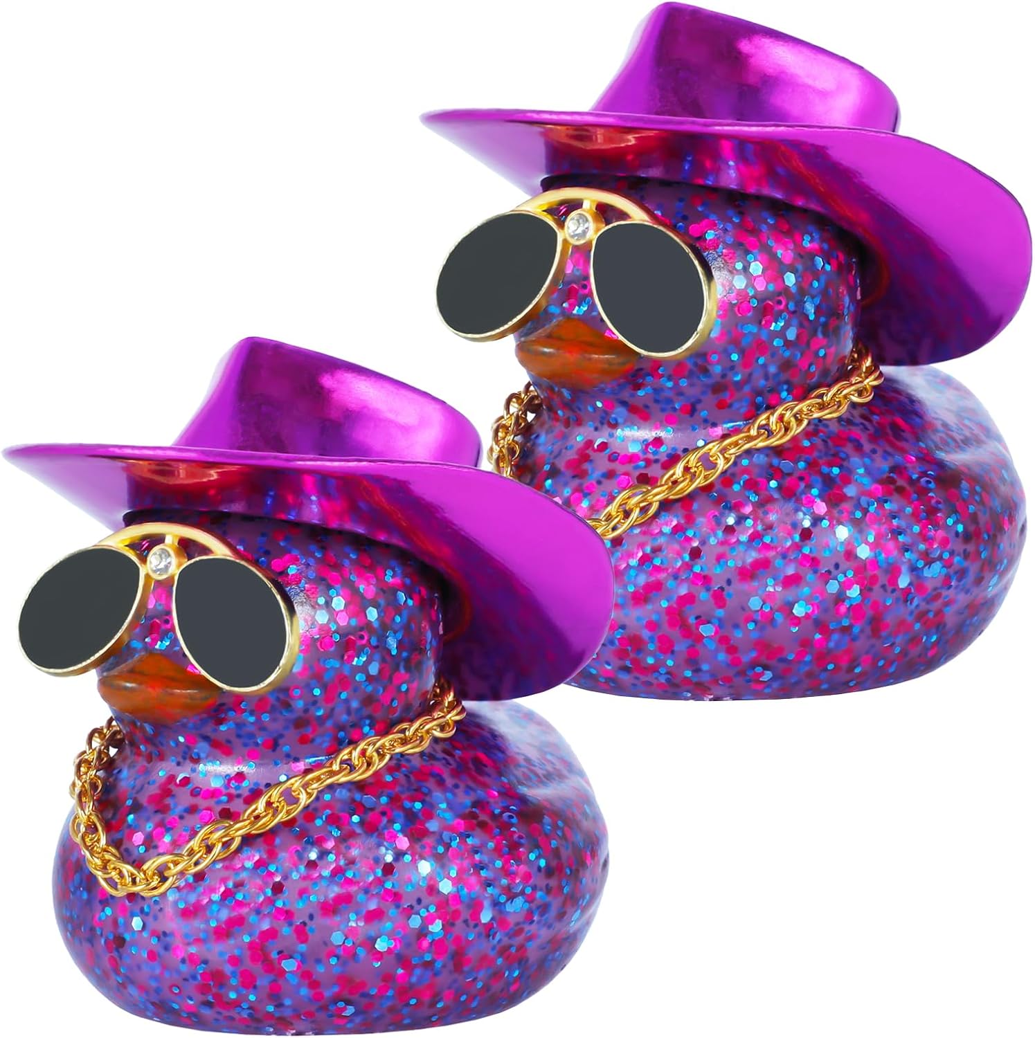 BOZILY Cowboy Rubber Duck with Purple Glitter Hat, Gold Necklace & Diamond Sunglasses - Fashionable Car Dashboard Decor, Office Desk Accessory, Squeaky Stress Reliever Gift Set (2 Pack)