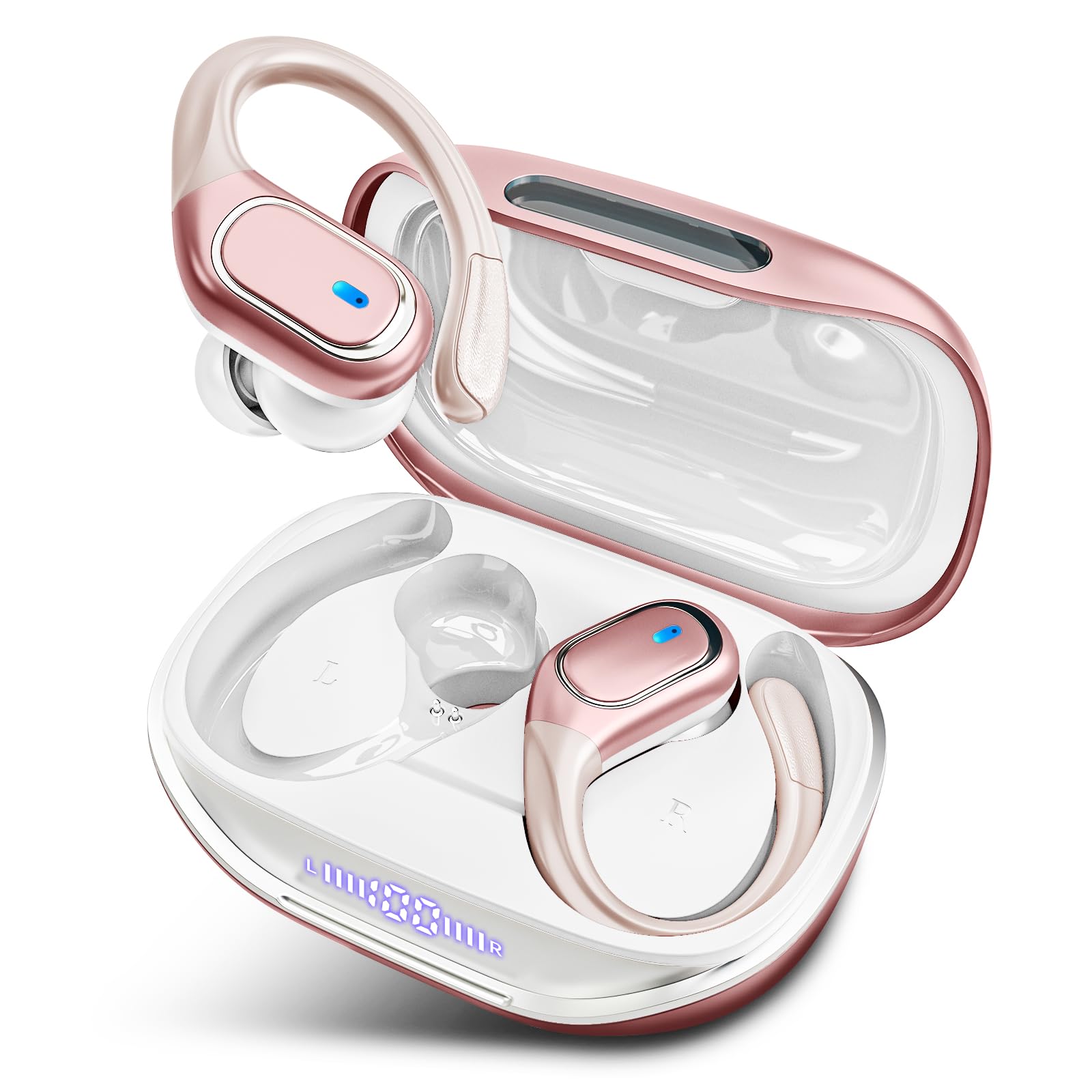 HAOYUYAN Wireless Earbuds Bluetooth 5.3 Headphones with 80H Playback, IPX7 Waterproof Over Ear Buds with LED Power Display for Sports Running Workouts（Champagne Gold）