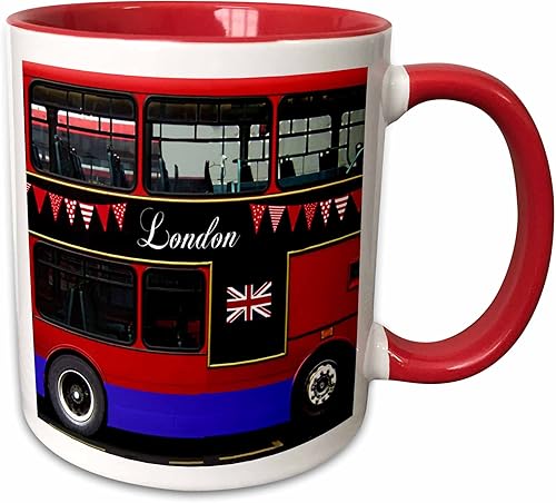 3dRose mug_113051_5 Taza "London Double Decker Red Bus with Bunting & Flag UK Great Britain Travel Souvenir Two Tone Red", 11 oz, rojoblanco