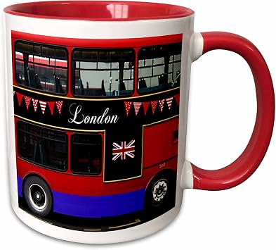 3dRose London Double Decker Red Bus with bunting and flag - UK Great Britain United Kingdom Travel souvenir 11oz Two-Tone Red Mug