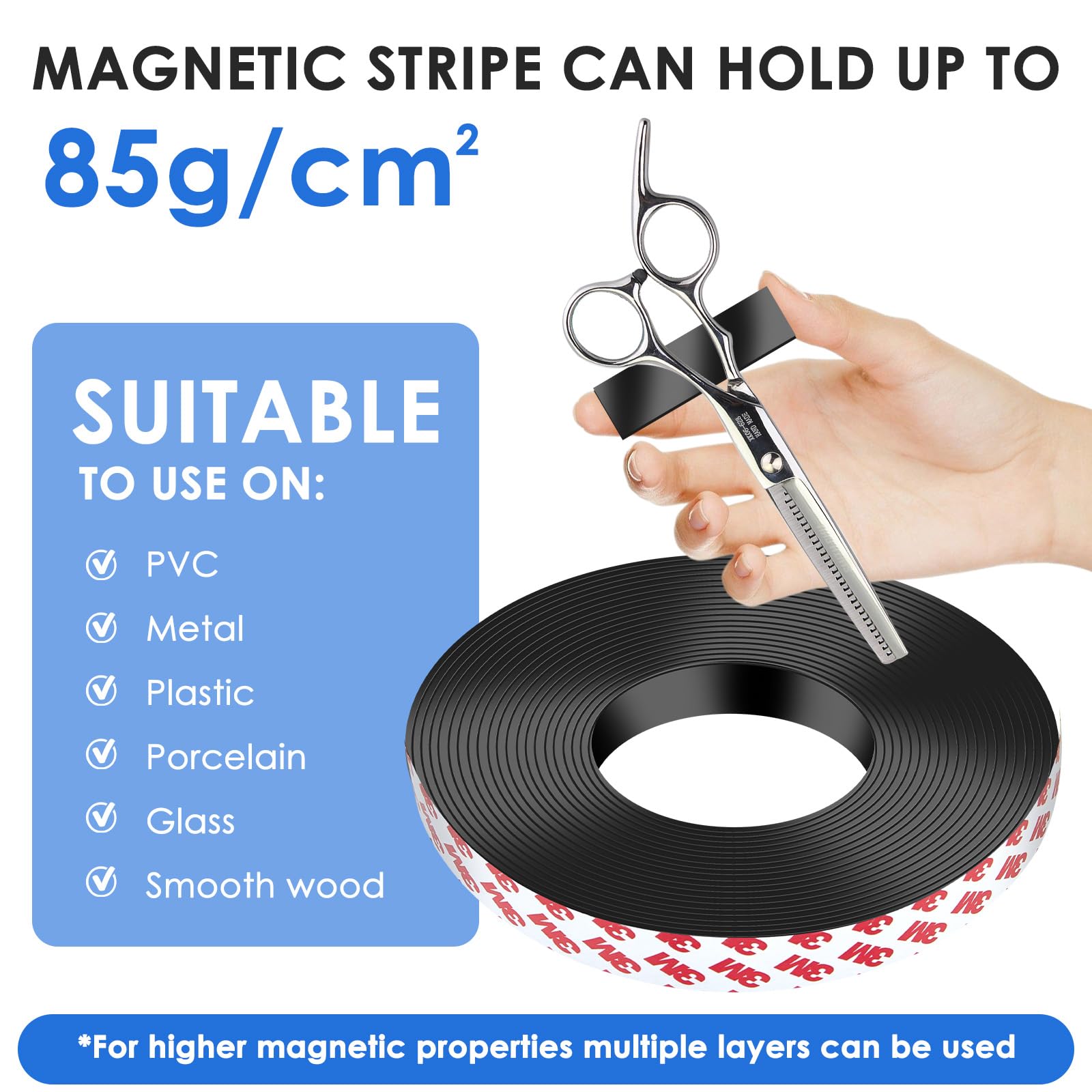DTLHCNCT Tira de cinta magnética adhesiva fuerte, 2.5 cm x 3.0 m, hojas magnéticas cortables para proyectos de arte de bricolaje, pizarras blancas, organización de nevera, ideal para el hogar, la