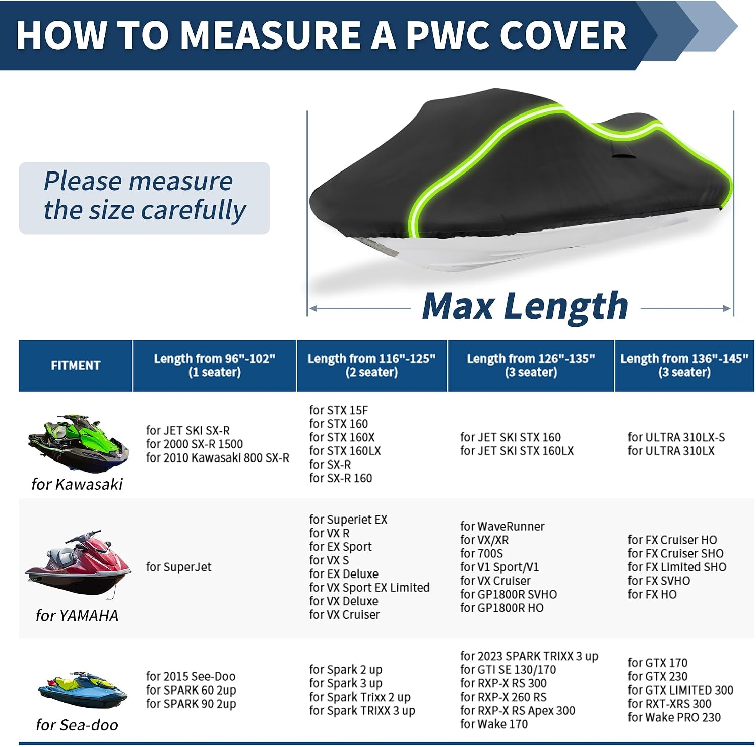X AUTOHAUX for Jet Ski Cover Fits 96"-102" (1 Seater), 300D Duty Oxford Anti-UV Waterproof Trailerable PWC Cover, Fit for Yamaha for SeaDoo for Kawasaki W/ 2 Air Vent 10 Straps Black