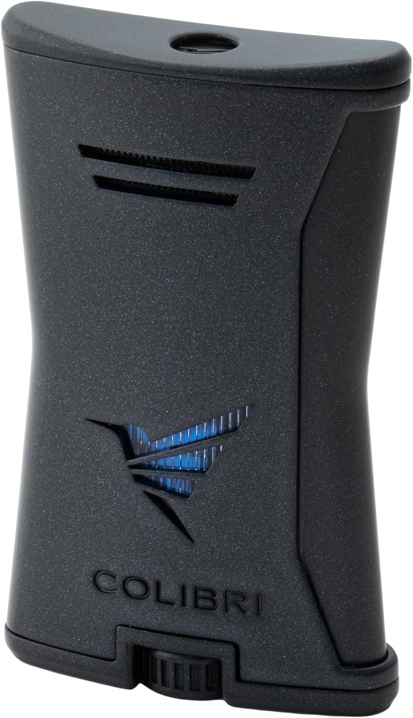 Colibri Premium Slim Torch Lighter - Windproof & Refillable, Cigar Enthusiast's Choice with Blue Fuel Window and Adjustable Flame (Black + Black)