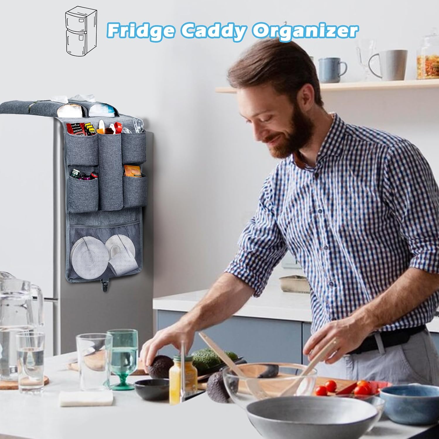 Mini Organizer 65" x 12.5" - Over Fridge Storage Organizer With 16 Pockets - Holds Pantry Goods, Utensils & More Office or Dorm Essentials