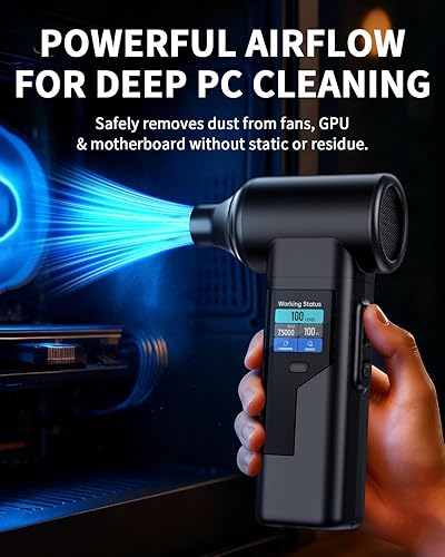 Miniatura 14 de Eliminación instantánea del polvo plumero eléctrico de aire de 130000 RPM, motor de 1.575 in, batería de 8000 mAh y carga rápida de 30 W, pantalla