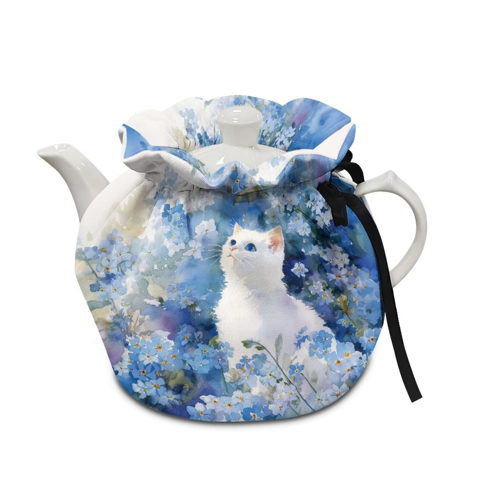 Xoenoiee Cat Cherry Blossom Blue Pattern Tea Cozy Tea Pot Cover Insulation Tea Cosy Teapot Dust Cover Teapot Warmer for Home Kitchen Teapot Covers