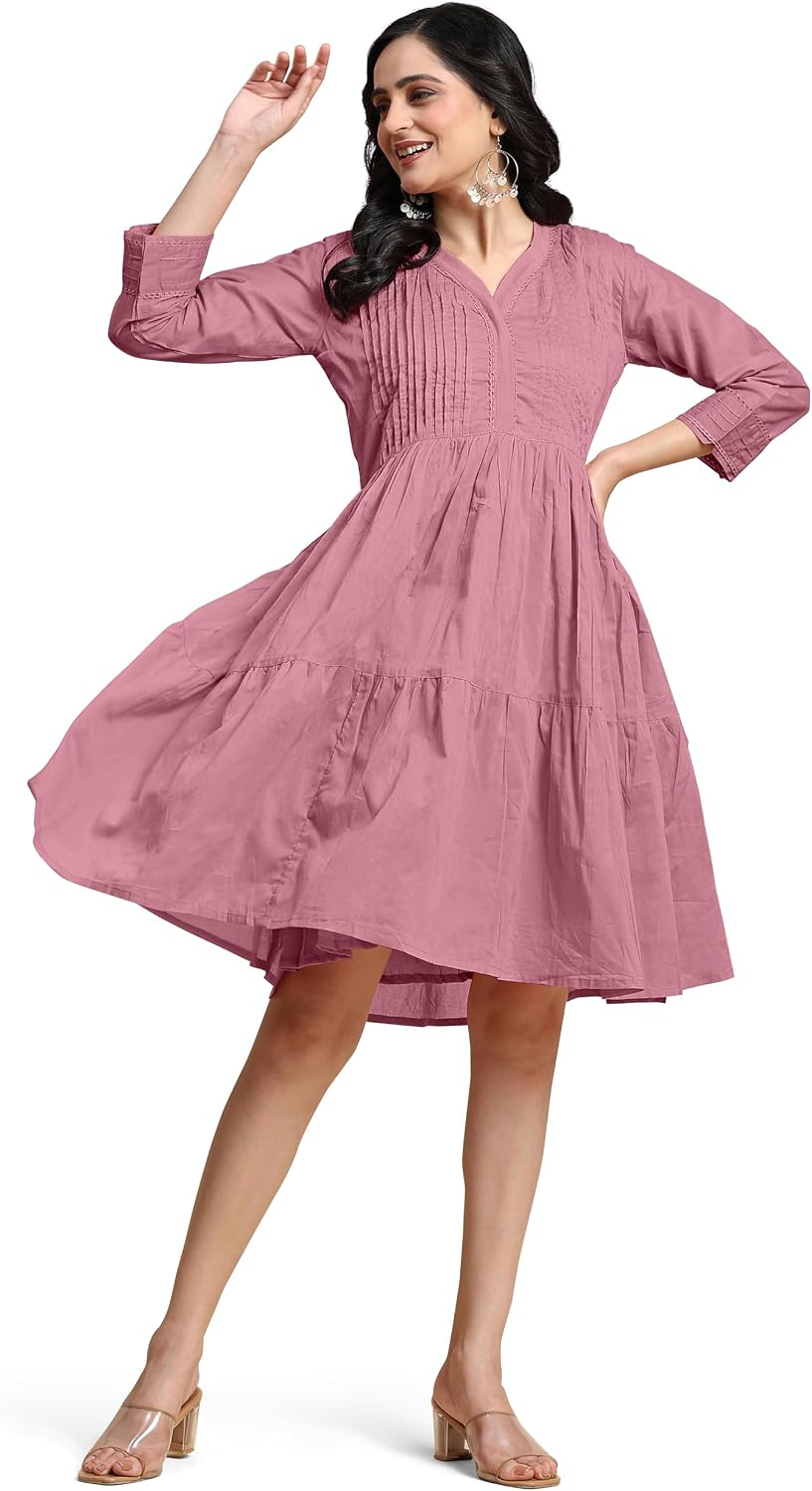 TRENDMALLS Women's Pure Cotton Flared Pleated Western Dress (V24-Peach-XL), X-Large