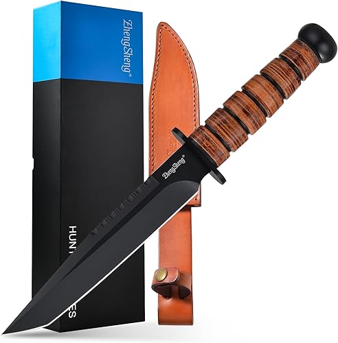 ZhengSheng DC53 Cuchillo de caza de hoja fija de 8.0 pulgadas, cuchillo de supervivencia de espiga completa con funda de cuero, mango ergonómico,