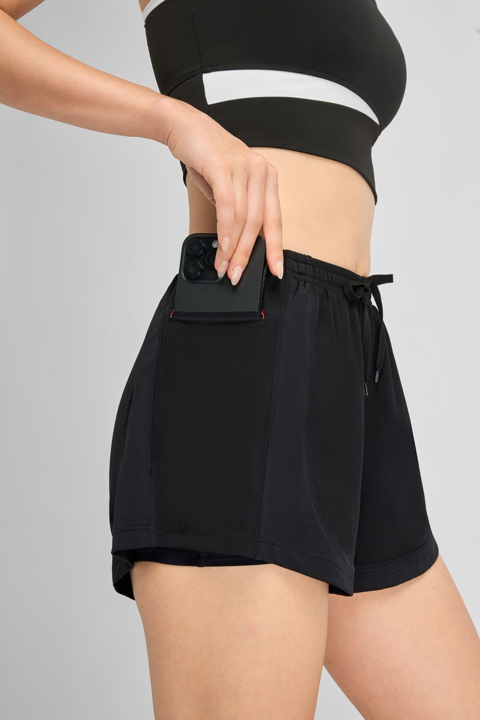Pantaloncini corti da donna 2 in 1 con pantaloni interni e tasca laterale per cellulare, pantaloni corti da corsa, traspiranti, antiscivolo, L, nero