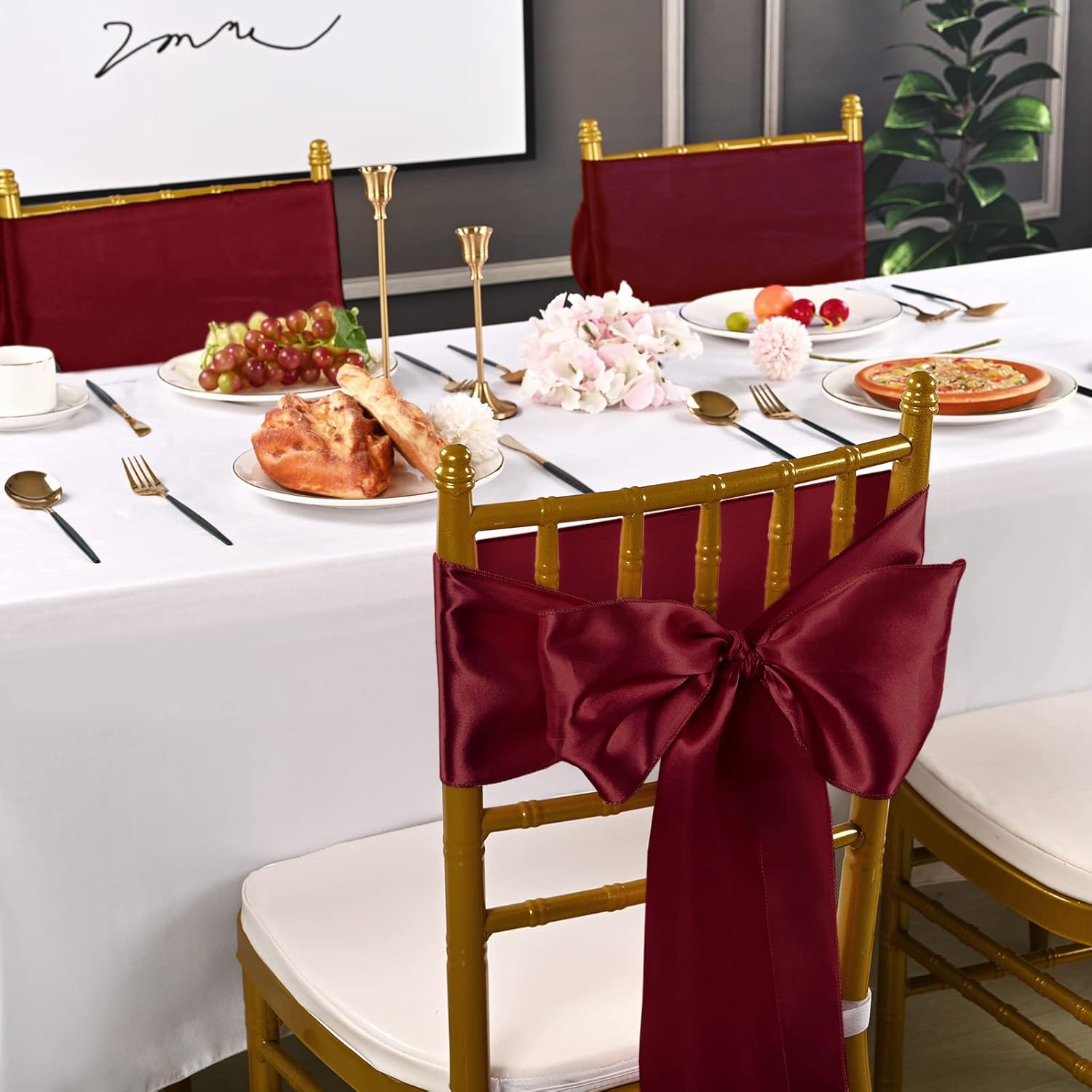 fani 60 PCS Burgundy Satin Chair Sashes Bows Universal Chair Cover for Wedding Reception Restaurant Event Decoration Banquet,Party,Hotel Event Decorations (7 x 108 inch)
