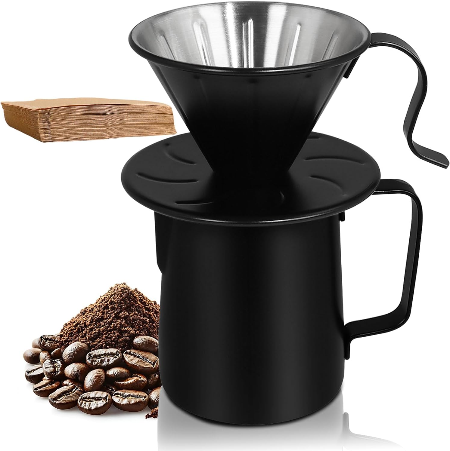 Uncoated Pour Over Coffee Maker 350ml Milk Frothing Pitcher 304 Thickened Stainless Steel Drip Coffeemaker Set with 50pcs V60 Cone Paper Filters Hand Brew Dripper Carafe for Home Camping Travel 12oz