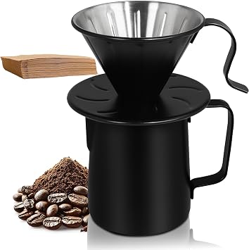 Pour Over Coffee Maker 600ml Milk Frothing Pitcher 304 Thickened Stainless Steel Drip Coffeemaker Set with 50pcs V60 Cone Paper Filters Hand Brew Dripper Carafe for Home Camping Travel 20oz