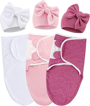 AQOKKA Baby Swaddle Sleep Sacks with Big Bow Hats Cotton Adjustable Swaddle Blankets Wrap Nursery Swaddles for Newborns Boy Girl Infant 0-3 Months