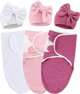 Baby Swaddle Sleep Sacks with Big Bow Hats Cotton Adjustable Swaddle Blankets Wrap Nursery Swaddles for Newborns Boy Girl Infant 0-3 Months