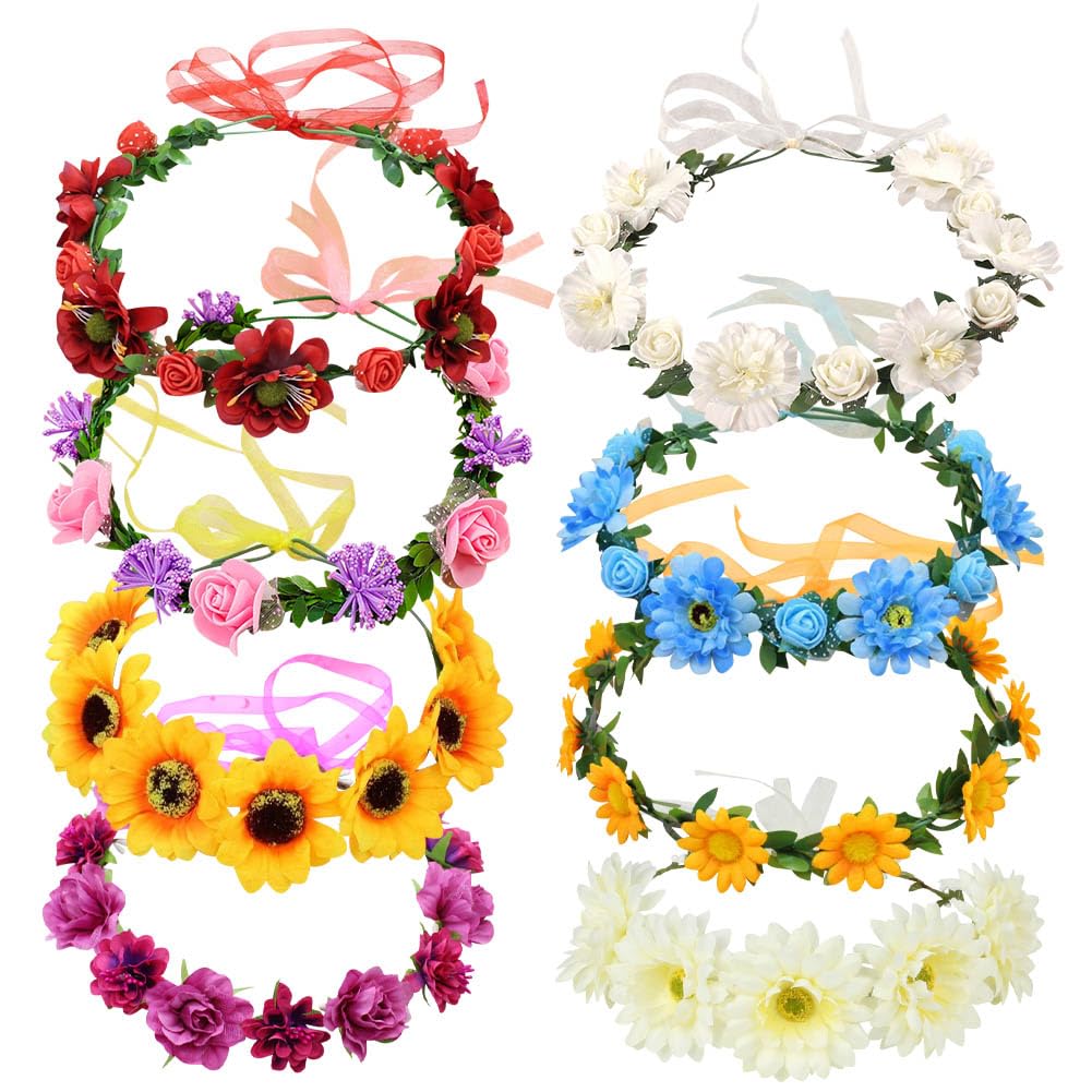 8 Pack Boho Hawaiian Flower Crowns Floral Hair Wreath with Ribbon Tiara Garland Wedding Party Headband Bridal Bridesmaid Women Girls Headpiece for Hawaiian Party Beach Festival (Set A, One Size)-image-12