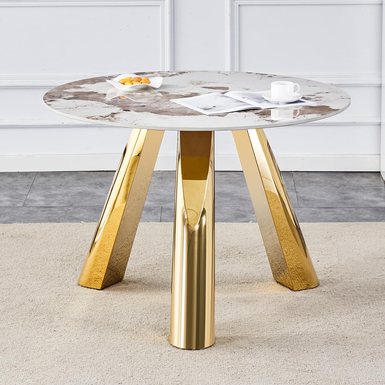 Mcltopz 42" Round White Pattern Faux Marble Dining Table for 6, Modern Kitchen & Dining Room Table with Sintered Stone Tabletop and Gold Stainless