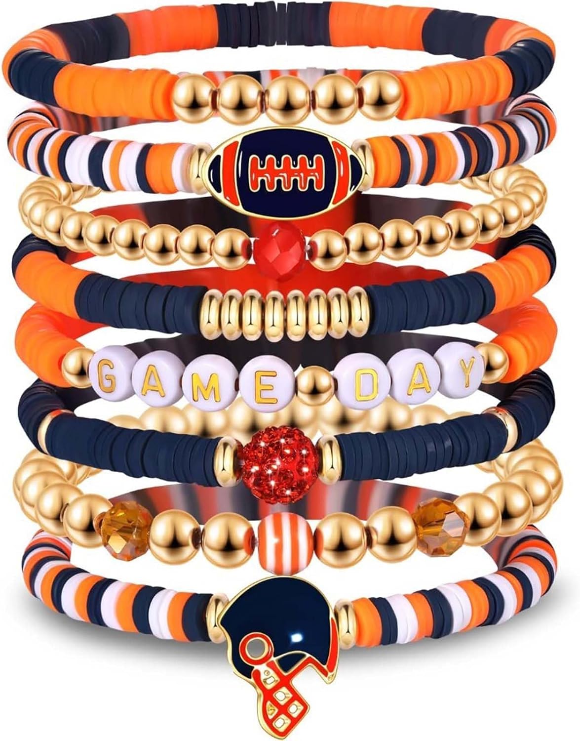 8 Pack Game Day Bracelets for Women, Football Bracelets Red Black Blue Heishi Clay Beaded Stretch Bracelets Stackable Charm Bracelet Bangles