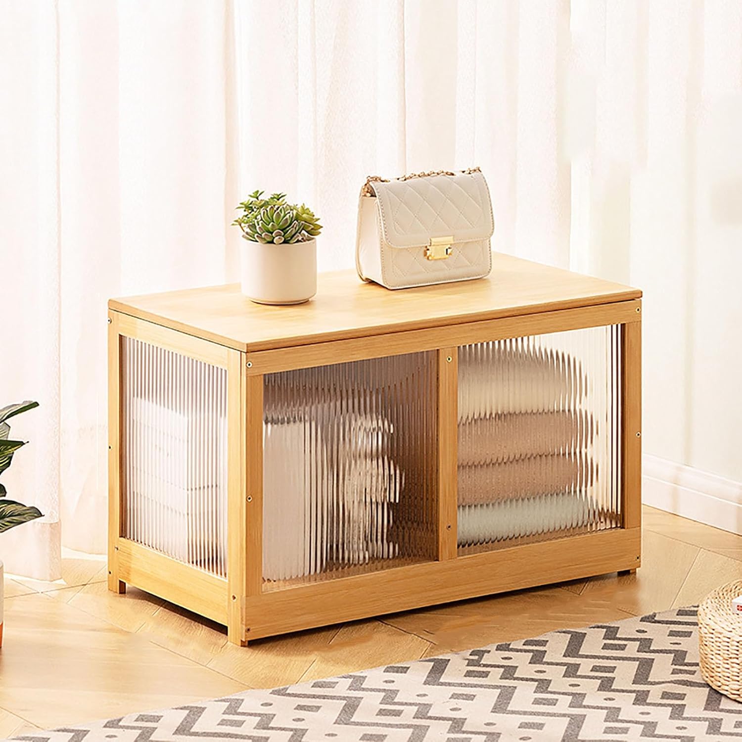 Storage Bench Hallway Bedroom Storage Chest Acrylic Panel Dust-Proof Storage Cabinet Width 35 cm Multifunctional for Living Room Furniture(Wood Color,66x35x40cm)