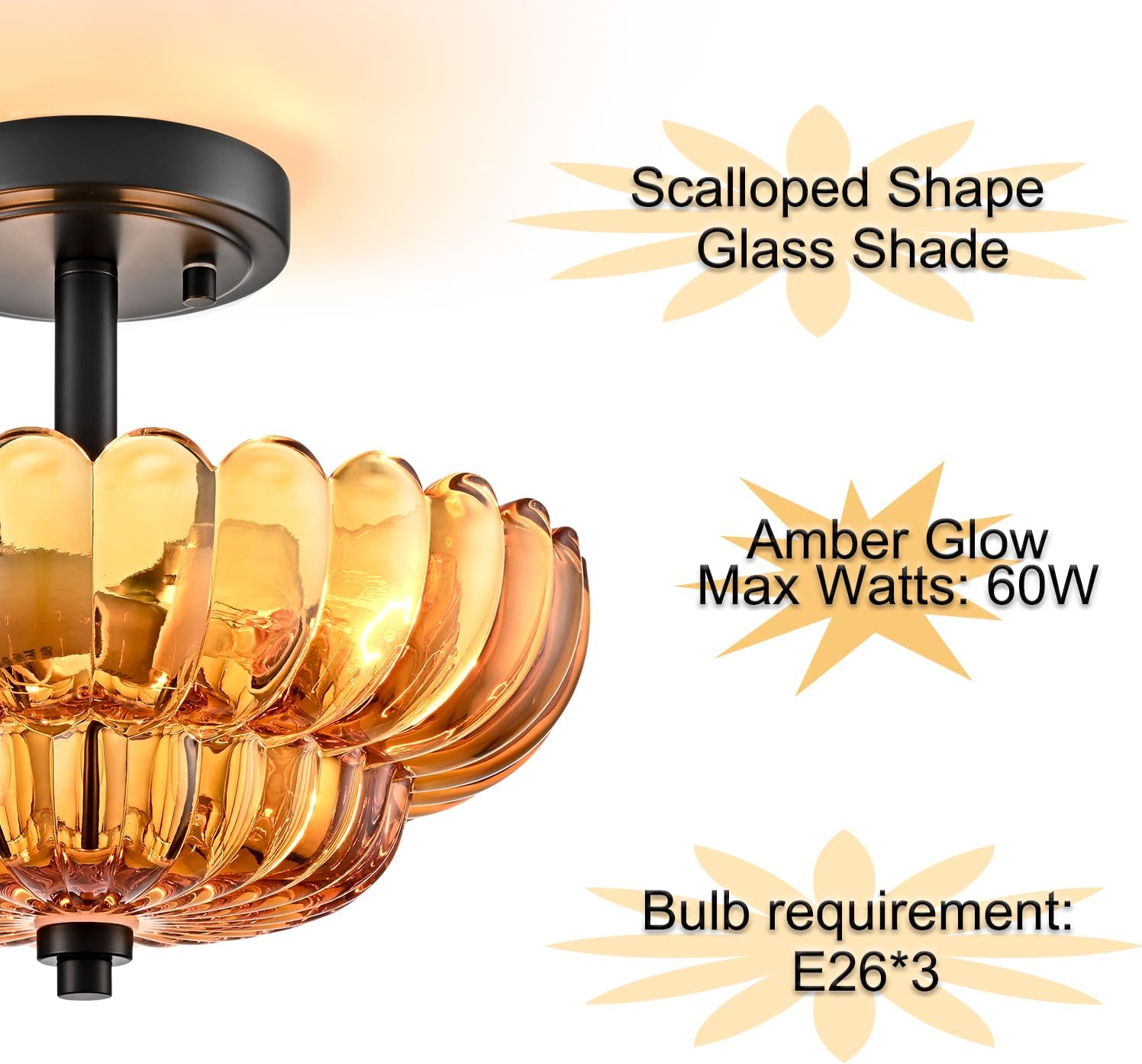 Semi Flush Mount Ceiling Light Fixture, Amber Glass 3-Light Modern Vintage Ceiling Lights, Scalloped Close to Ceiling Light, Black Base Flush Mount Ceiling Light for Hallway Bedroom Entryway Kitchen