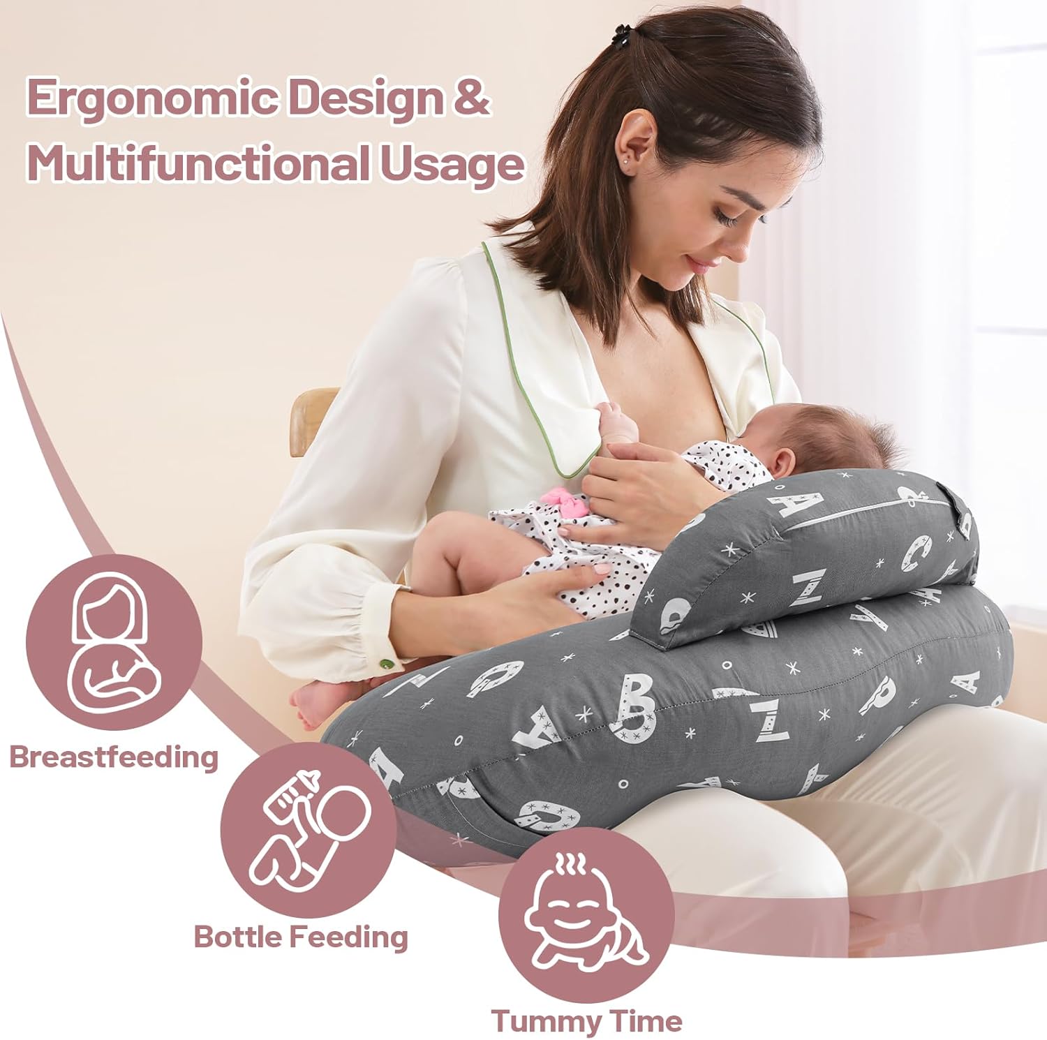 Plus Size Breastfeeding Pillow for Ergonomic Comfort & Support, Easier Nursing, Fit, Removable Cover, Machine Washable, Letter Pattern(Grey), Pallet of Product