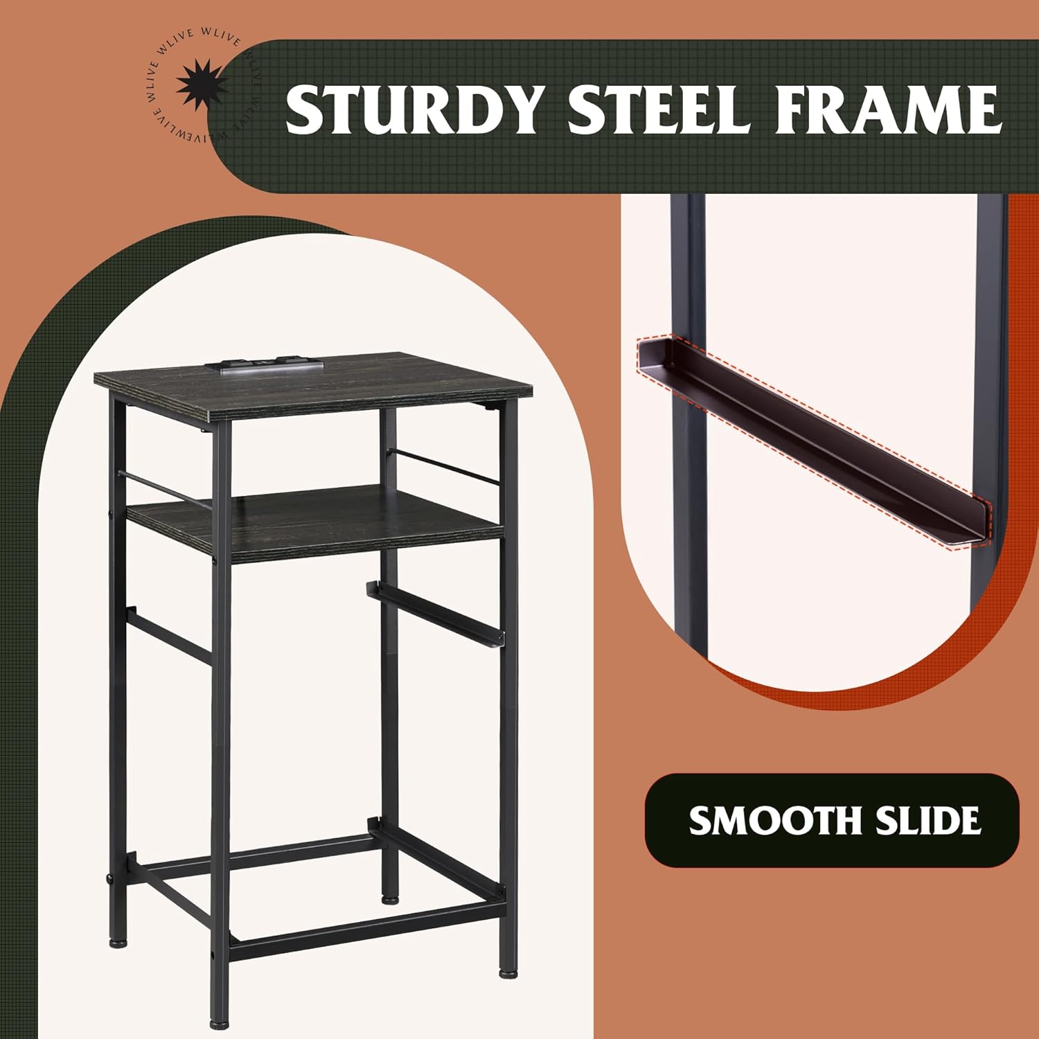 Close-up of the sturdy steel frame construction