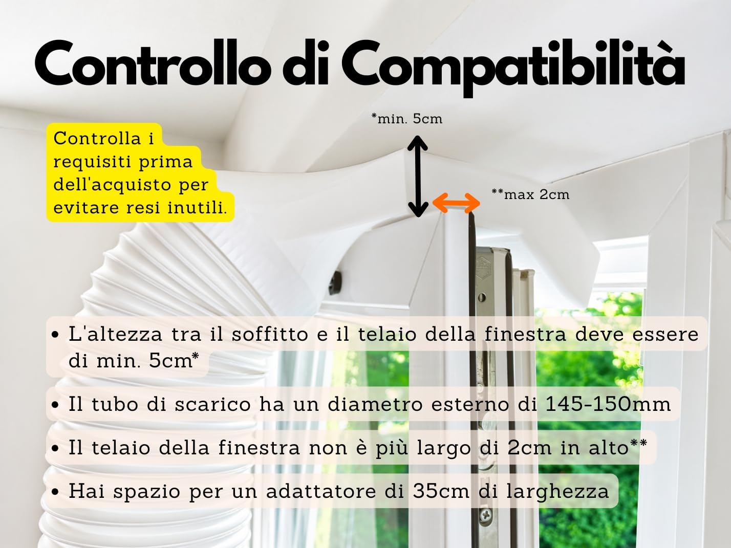 Adattatore Finestra 35cm Condizionatore Portatile – Compatibile con Pinguino, De'Longhi, Olimpia – Tubo 150mm – Per Lucernari e Vasistas – Universale