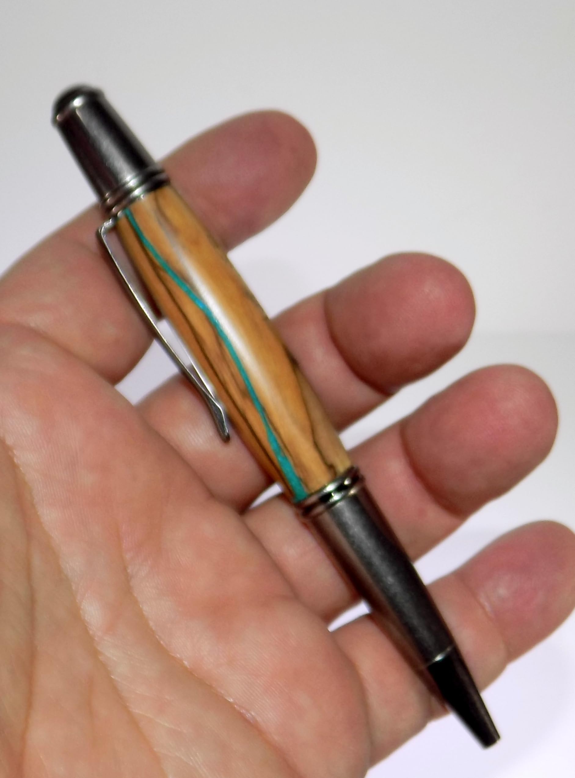 Handmade Sierra Twist Pen - Olivewood with Laser Engraved Lichtenberg Pattern and Turquoise Inlay - Pewter Hardware. Black ink.