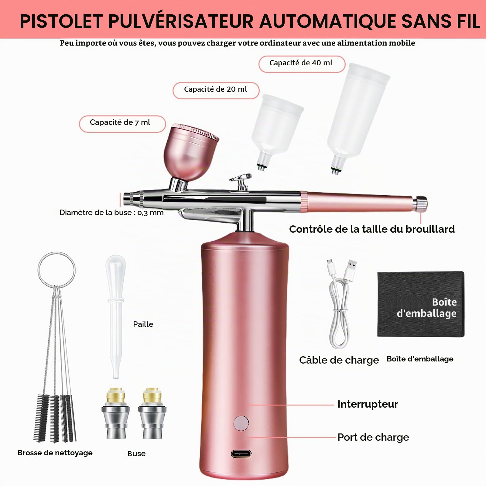 Kit Aérographe, Kit Aérographe Sans Fil, Aerographe, Aérographe Sans Fil, Avec Chargement Usb, Pour Maquillage, Artisanat, Gâteau, Tatouage, Modèle, Décoration D'ongles (Rose)