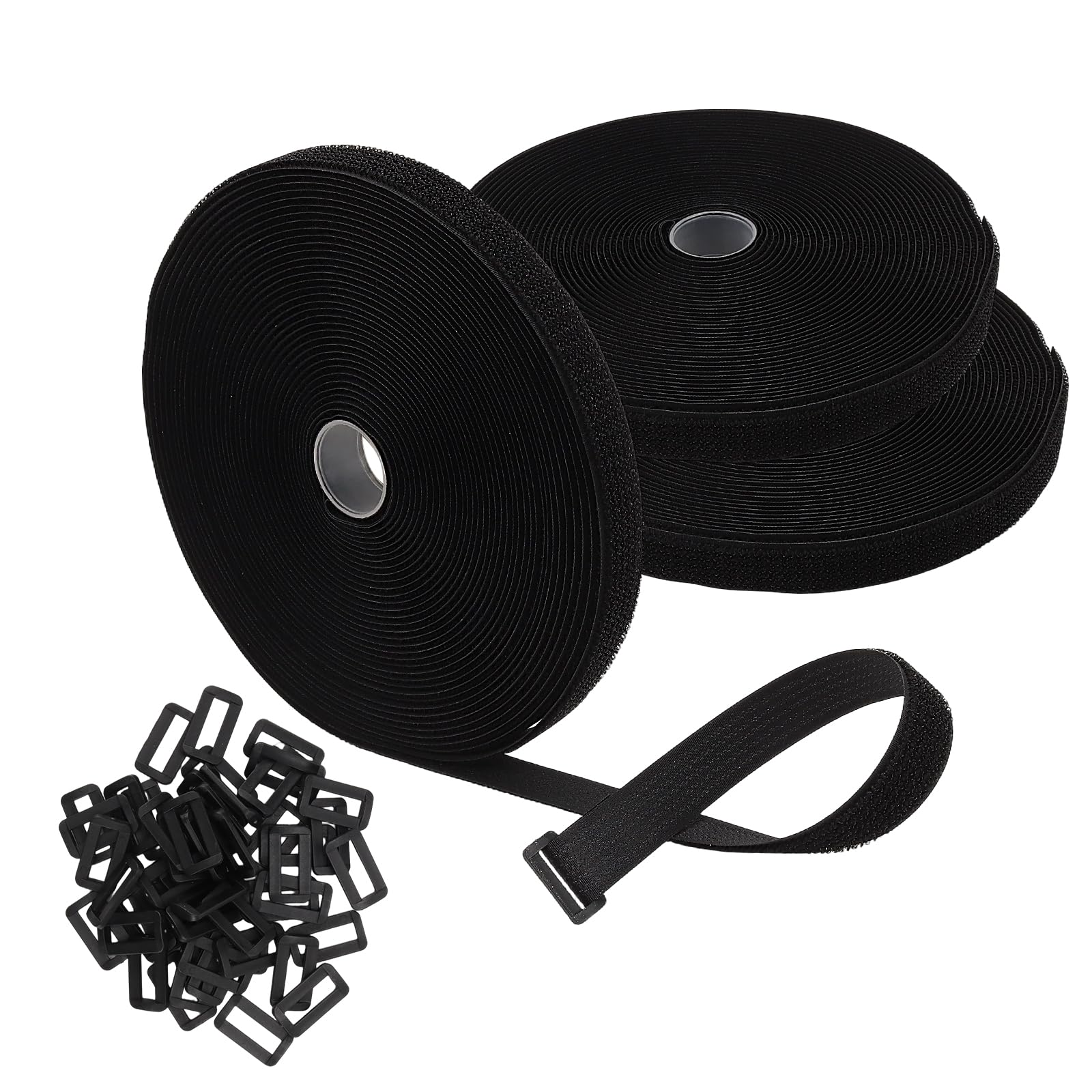 CHEUNGR 3 Rolls 10m x 2cm Adjustable Cable Straps with 150 Buckles, Reusable Fastening Tape Hook and Loop Cable Ties Self Adhesve Fastening Straps for Cables Wire Cord Management, Black