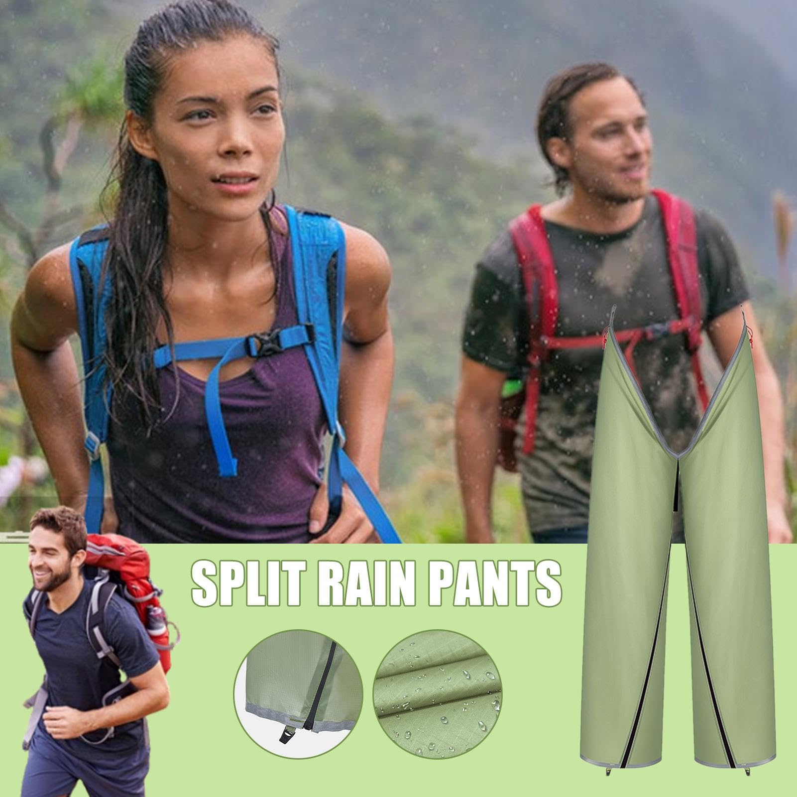 Pantalones de lluvia con cremallera | Pantalones de lluvia impermeables con cremallera | Pantalones de lluvia ligeros divididos, pantalones de lluvia para exteriores para días lluviosos