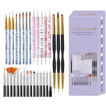 31 Pcs Nail Art Tool Set, Nail Art Brushes Kit with Liner, Dotting, Fan & Flat Nail Brush Drawing Pen for Acrylic, Gel Polish, DIY Manicure at Home & Salon Design Supply-Black
