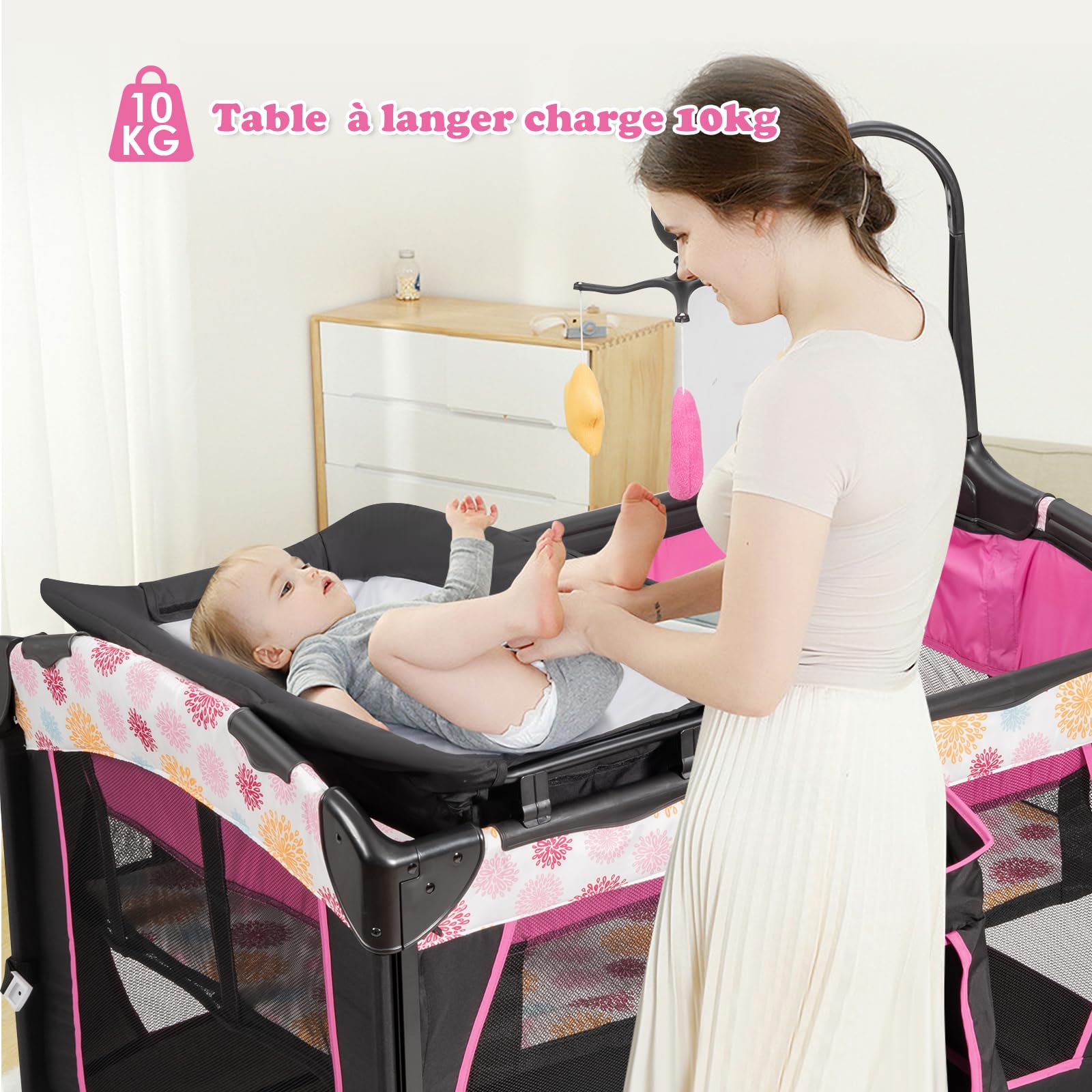 COSTWAY 4 en 1 Lit Parapluie Bébé avec Matelas, Berceau Bébé Evolutif en Oxford avec Table à Langer Amovible, 3 Hauteur Réglable, Jouets Suspendus, Charge 15kg, Lit Cododo pour 0-36 Mois(Rose