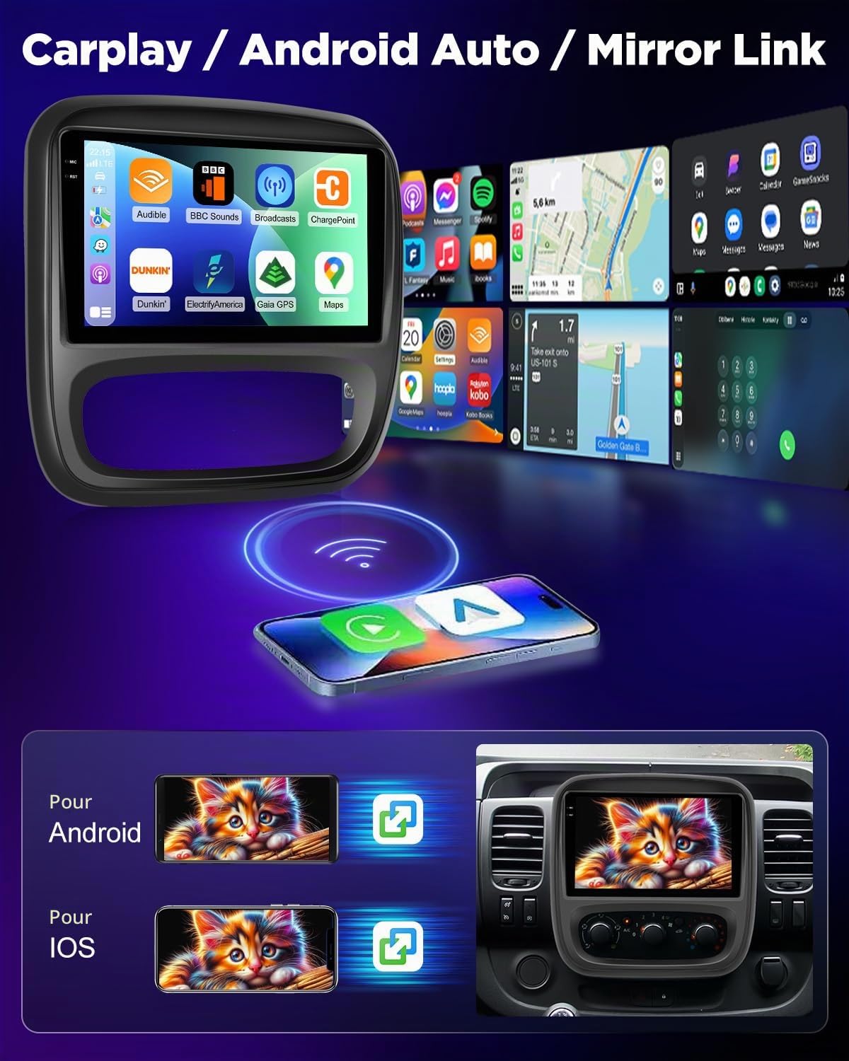 NHOPEEW Autoradio 4+64G Android pour Renault Trafic 2014-2021/Opel Vivaro 2014-2018 avec Carplay et Android Auto - Écran incell 9 Pouces Prise en Charge WiFi GPS Commandes au Volant + Caméra de recul