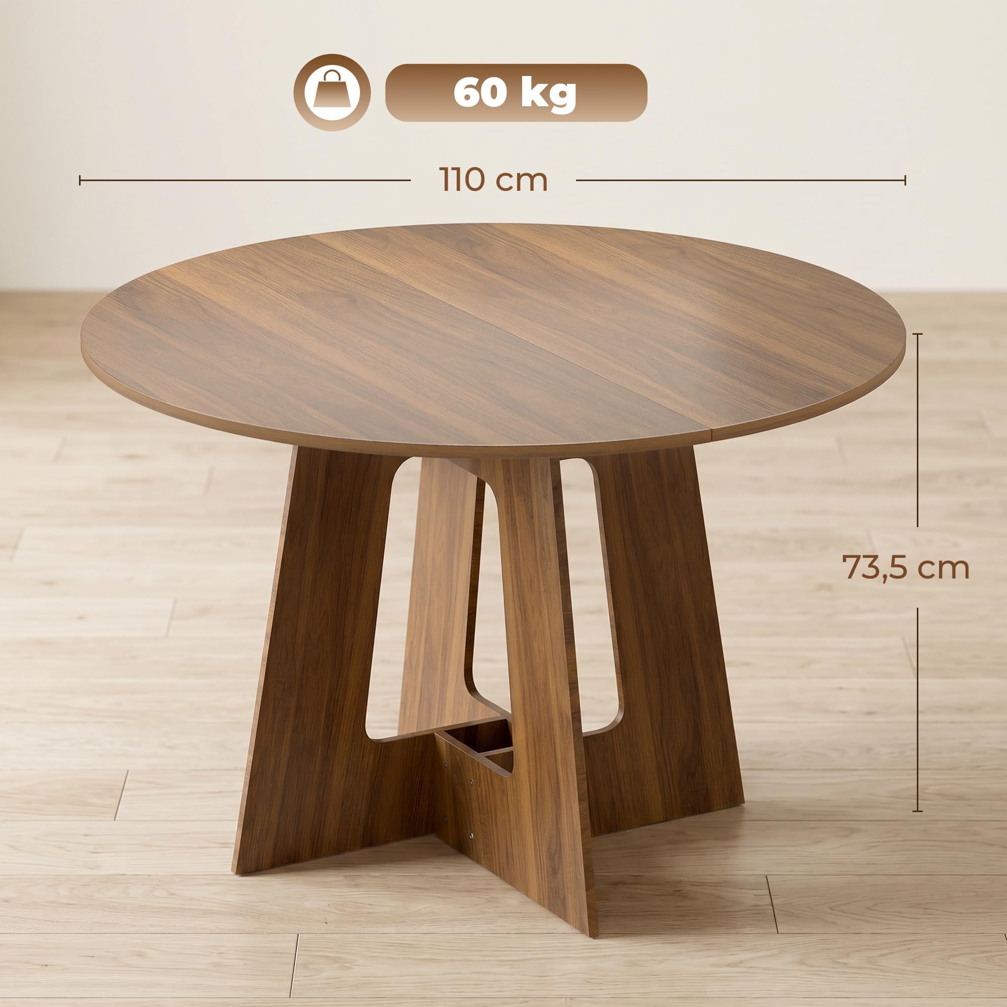 HOMCOM Table à Manger Ronde pour 4 Personnes, Ø 110 x 73,5 cm, Table de Cuisine avec Base croisée, Style Rustique, pour Salon, Salle à Manger, Marron