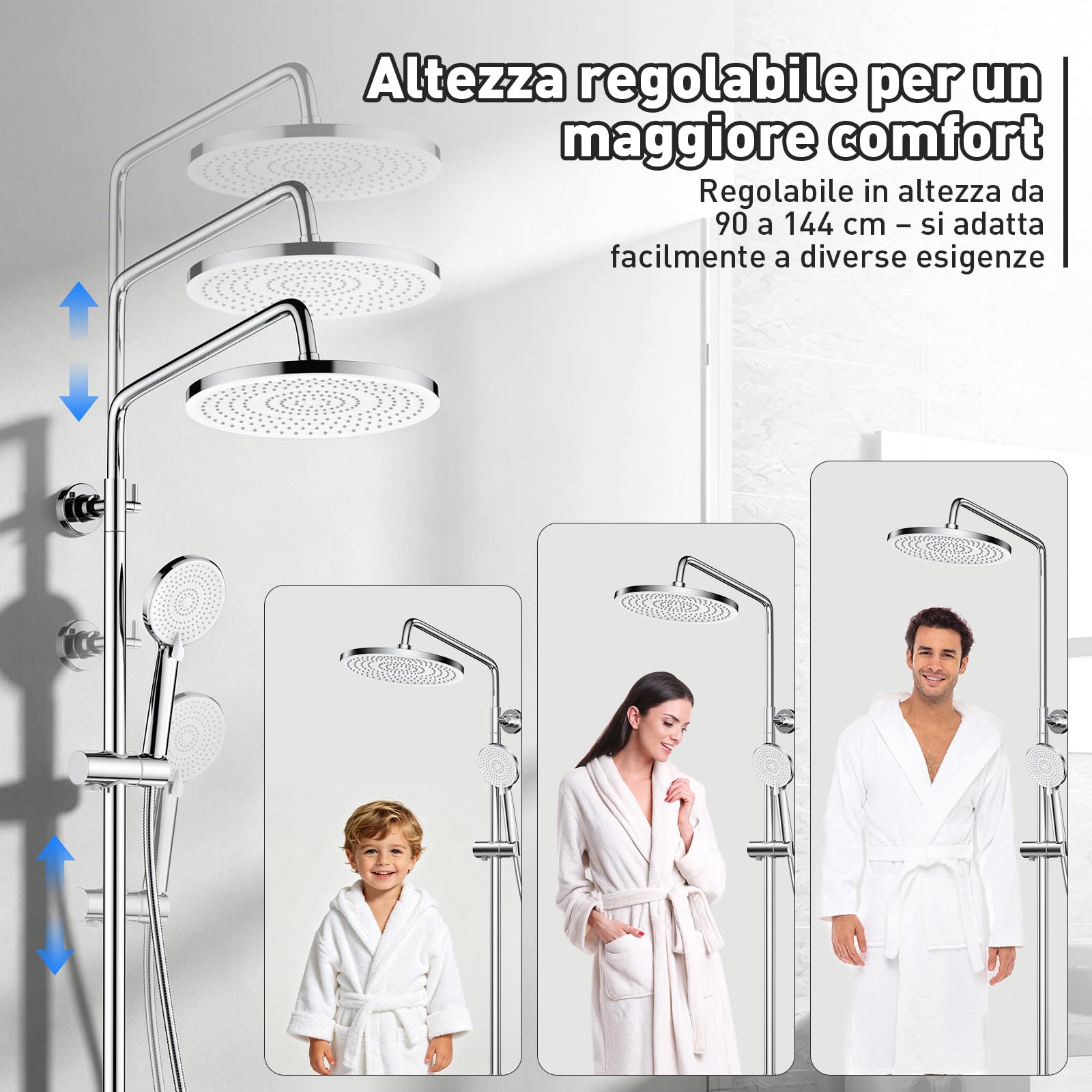 Colonna Doccia con Miscelatore, Soffione Doccia a Pioggia, Doccetta | Saliscendi Doccia, 3 Getti di Spruzzatura, Asta Doccia Regolabile 90–144 cm, Controllo Separato, Argento
