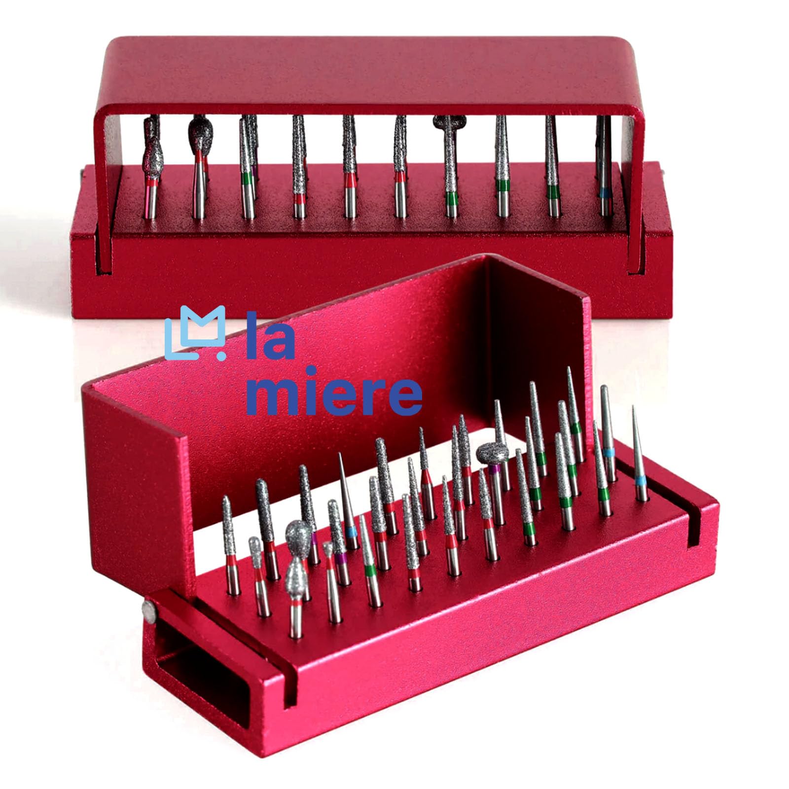 LA MIERE 30 Holes Dental Bur Block with Cover Autoclavable, Aluminum Burs Case Organizer Disinfection Holder Opening Box for Dental Lab, Dentist Tool, Red
