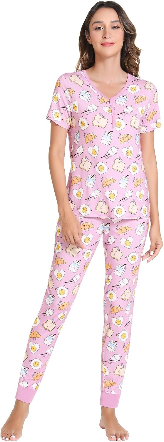 Women's Pajamas Set-Viscose Made from Bamboo, Short Sleeve Sleepwear Top with Jogger Pant Pj Sets V Neck Loungewear