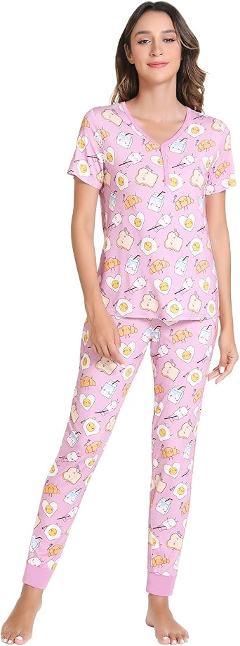 Womens Pajamas Set-Viscose Made from Bamboo, Short Sleeve Sleepwear Top with Jogger Pant Pj Sets V Neck Loungewear