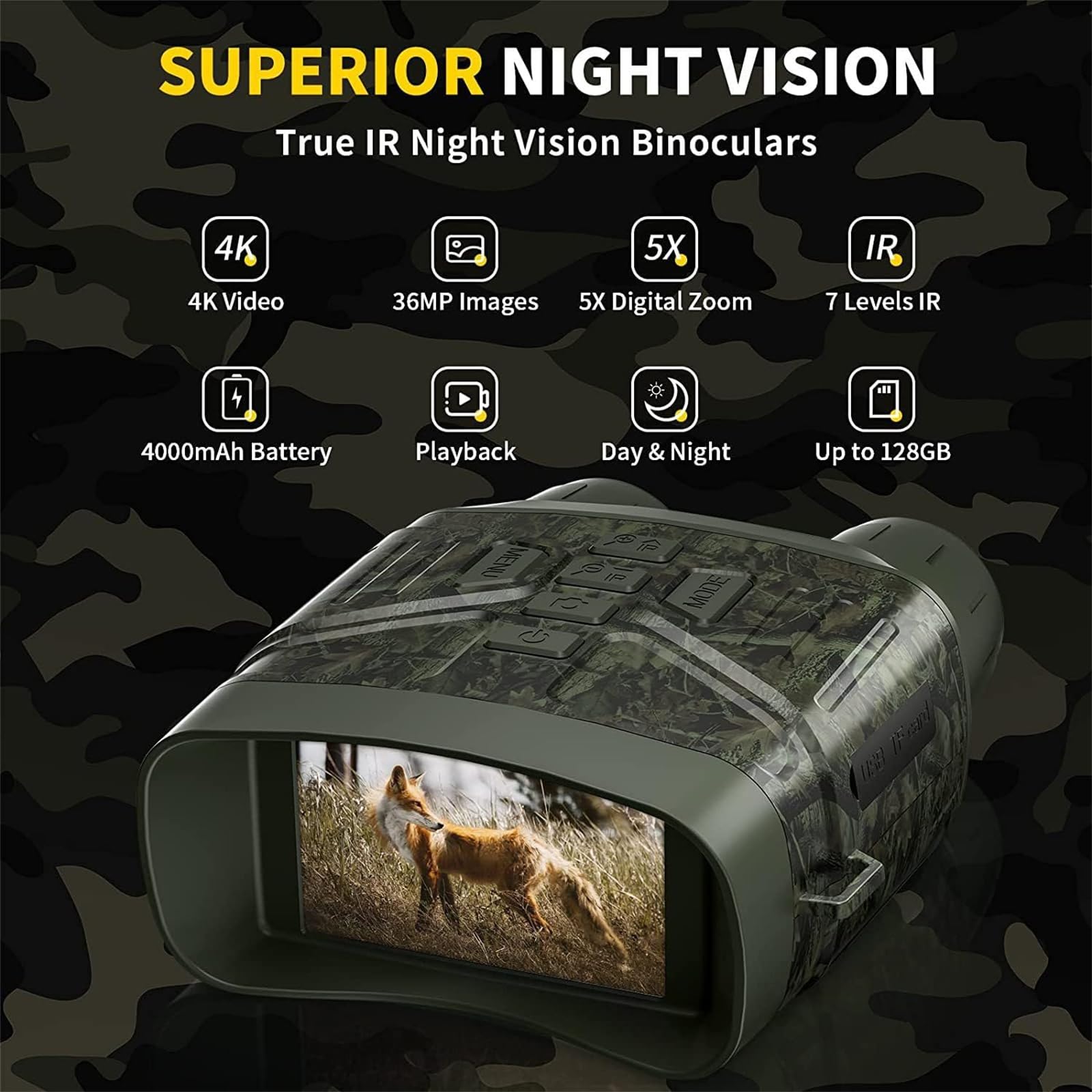 Gafas de visión nocturna 5K HD, zoom digital 10x, prismáticos infrarrojos de 300 m, batería recargable de 4000 mAh para caza y camping