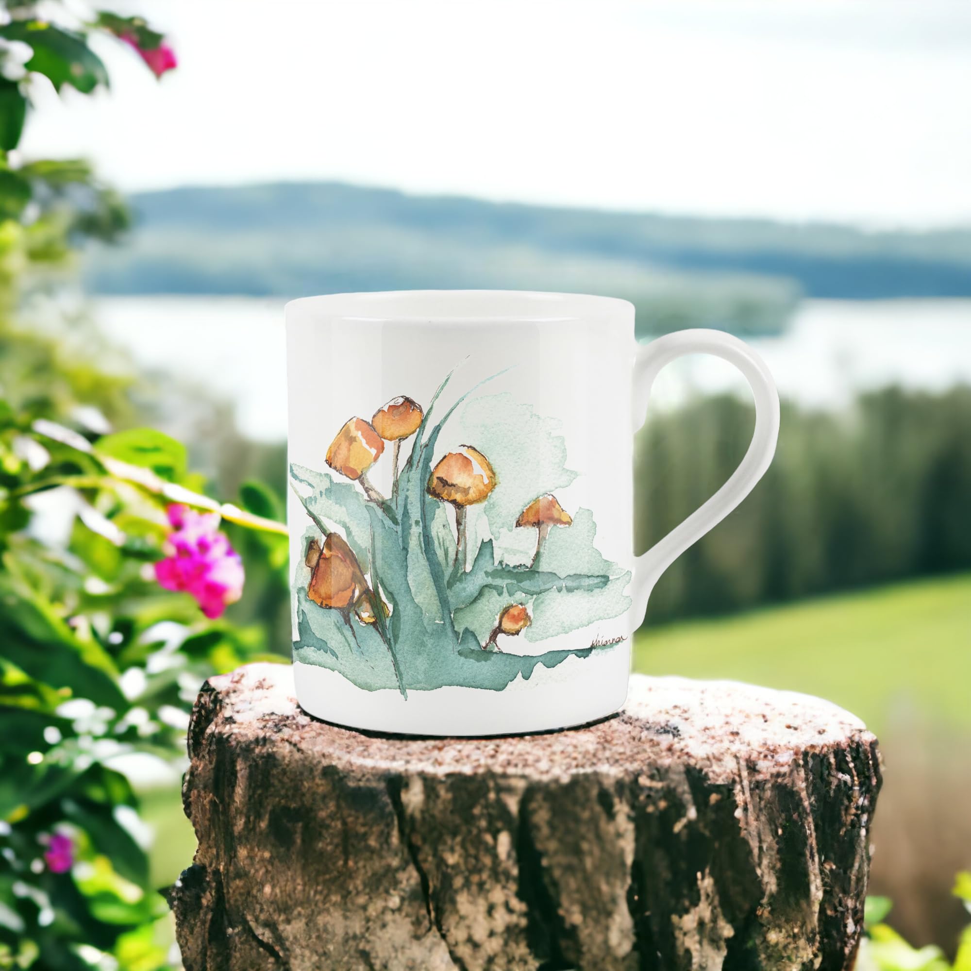 Watercolour Painted Mushrooms Mug - Small Fine Bone China White Garden Coffee/Tea Present Gift - Rhiannon Chauncey Designs - Image 3