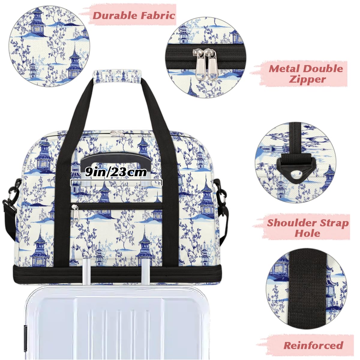 Bolsa de viaje vintage japonesa con pagodas de tinta azul para mujeres y hombres, estampado japonés, bolsas de fin de semana, bolsas plegables separadas para húmedos, bolsa de 47 L para deportes,